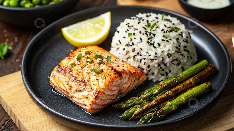 高清大图下载【趣麦麦图】煎三文鱼配米饭芦笋