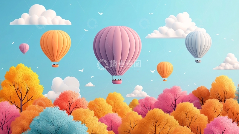 高清大图下载【趣麦麦图】热气球在彩色树林上空