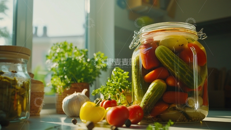高清大图下载【趣麦麦图】阳光下玻璃罐腌菜