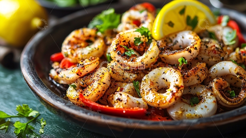 高清大图下载【趣麦麦图】香煎鱿鱼圈配红椒