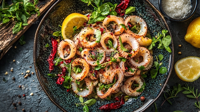 高清大图下载【趣麦麦图】香辣鱿鱼圈柠檬料理