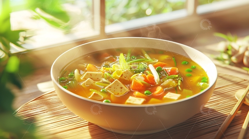 高清大图下载【趣麦麦图】阳光下热气腾腾的蔬菜豆腐汤