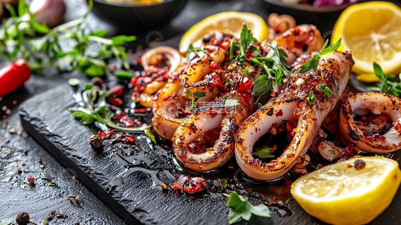 高清大图下载【趣麦麦图】烤鱿鱼配柠檬