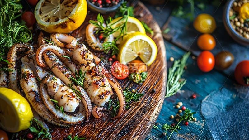 高清大图下载【趣麦麦图】烤鱿鱼配柠檬和番茄
