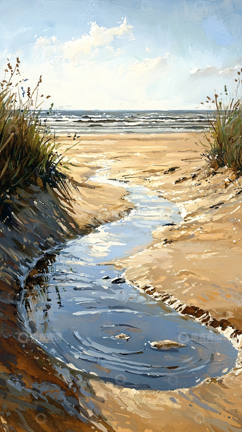 高清大图下载【趣麦麦图】海滩小溪的油画