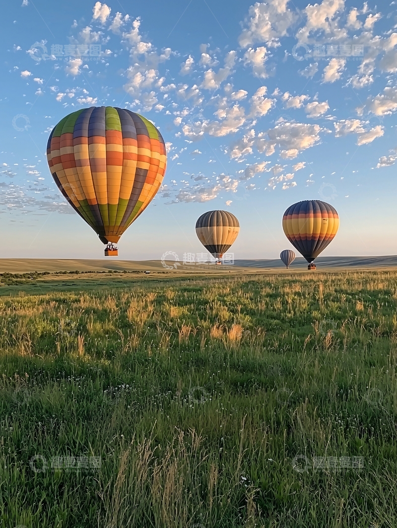 高清大图下载【趣麦麦图】热气球飞过草原