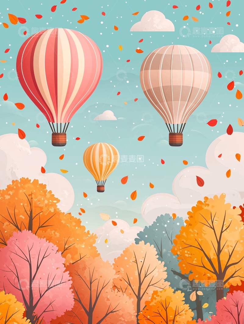 高清大图下载【趣麦麦图】卡通热气球飞过秋日森林