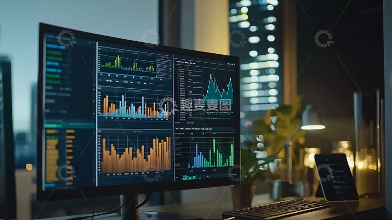 高清大图下载【趣麦麦图】夜晚办公桌上的大屏幕显示数据图表