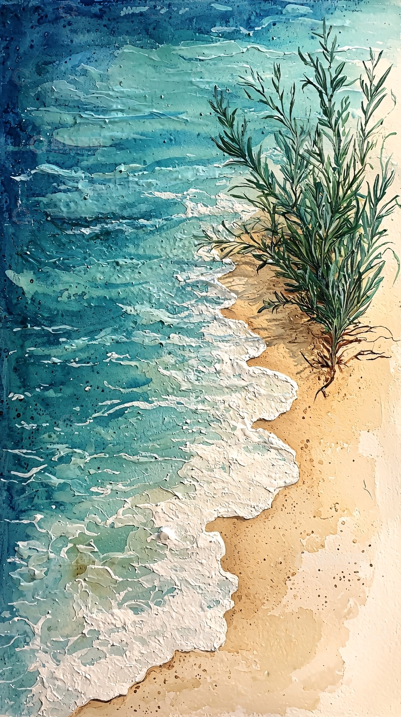 高清大图下载【趣麦麦图】海滩上的水彩画植物
