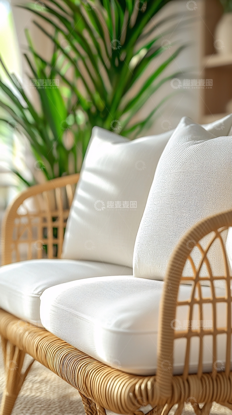 高清大图下载【趣麦麦图】藤编沙发上的白色靠垫