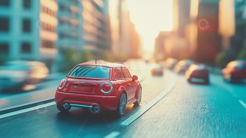 高清大图下载【趣麦麦图】城市道路上的红色小汽车