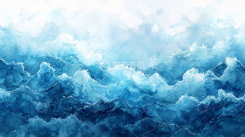 高清大图下载【趣麦麦图】水彩风格的蓝色波涛