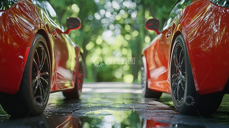 高清大图下载【趣麦麦图】两辆红色跑车停在绿树成荫的路面