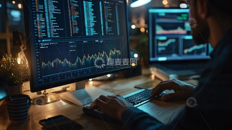 高清大图下载【趣麦麦图】夜晚办公桌前电脑屏幕数据分析