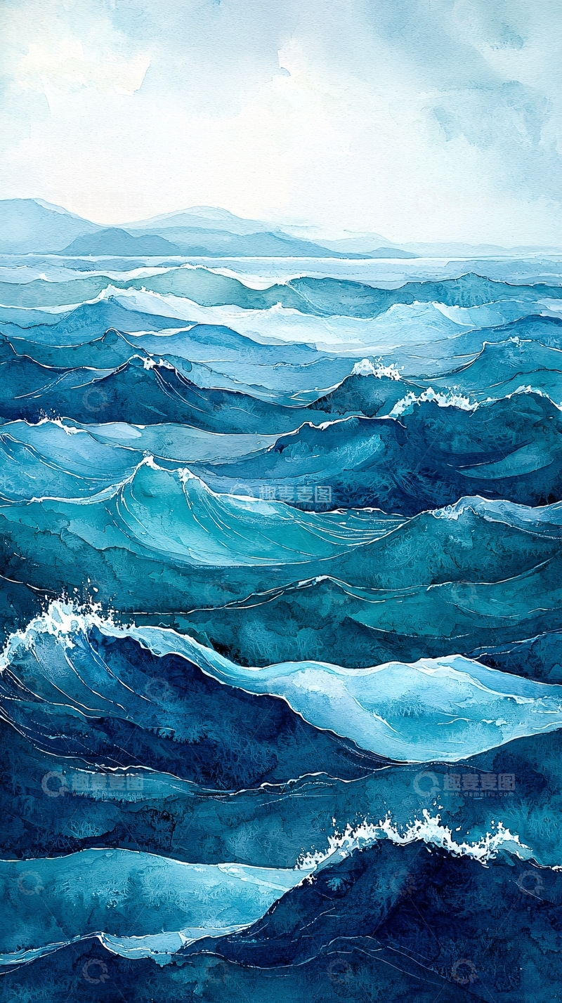 高清大图下载【趣麦麦图】水彩风格的蓝色海浪