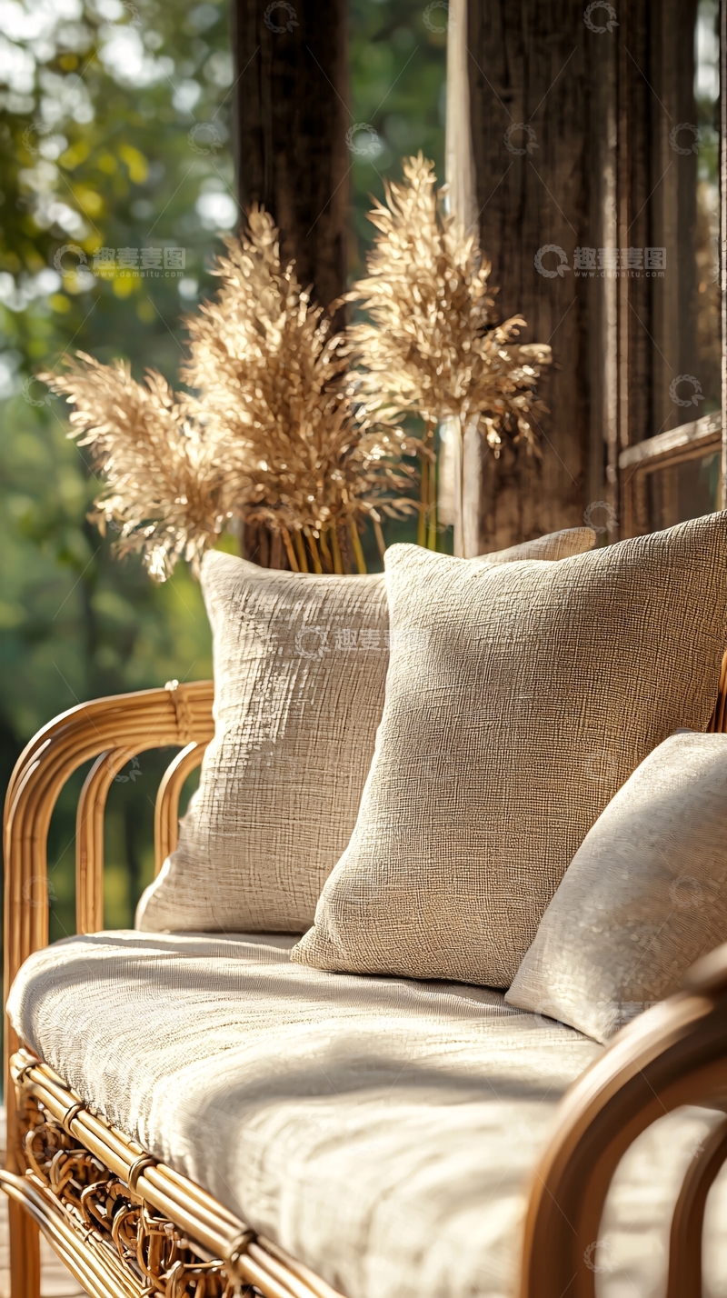高清大图下载【趣麦麦图】藤编沙发上的米色靠垫