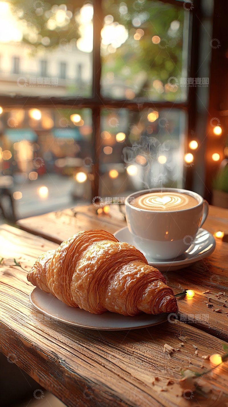 高清大图下载【趣麦麦图】咖啡和牛角面包的静物