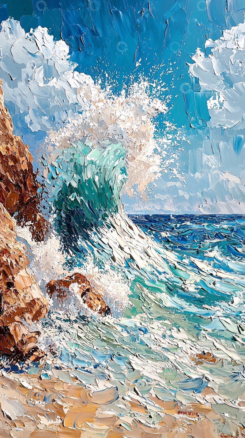 高清大图下载【趣麦麦图】海浪撞击岩石的油画