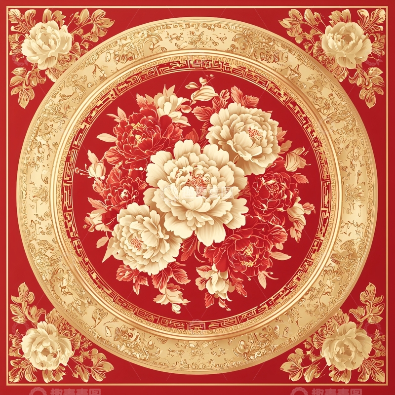 高清大图下载【趣麦麦图】圆形牡丹花纹样图案