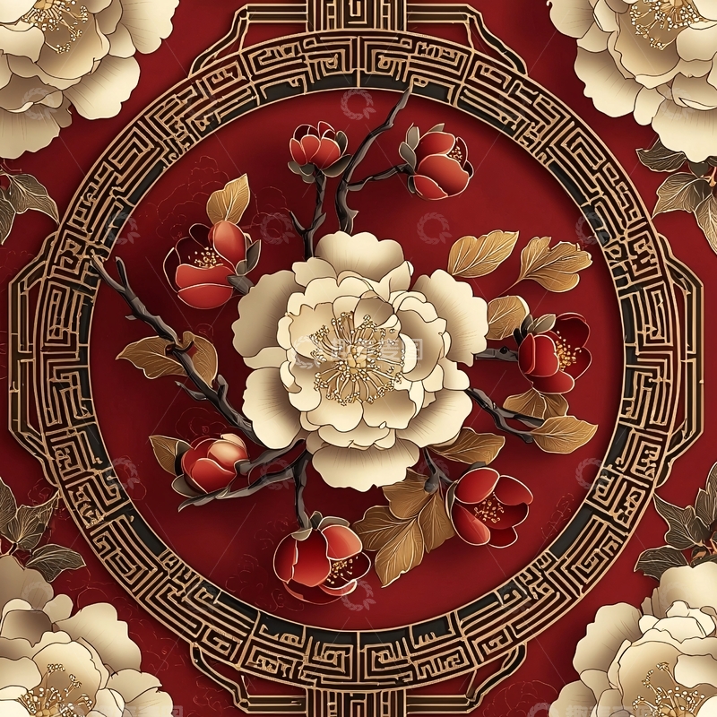 高清大图下载【趣麦麦图】红色背景下的白色牡丹花图案