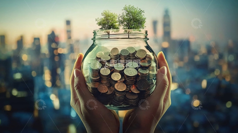 高清大图下载【趣麦麦图】双手捧着装满硬币的玻璃罐