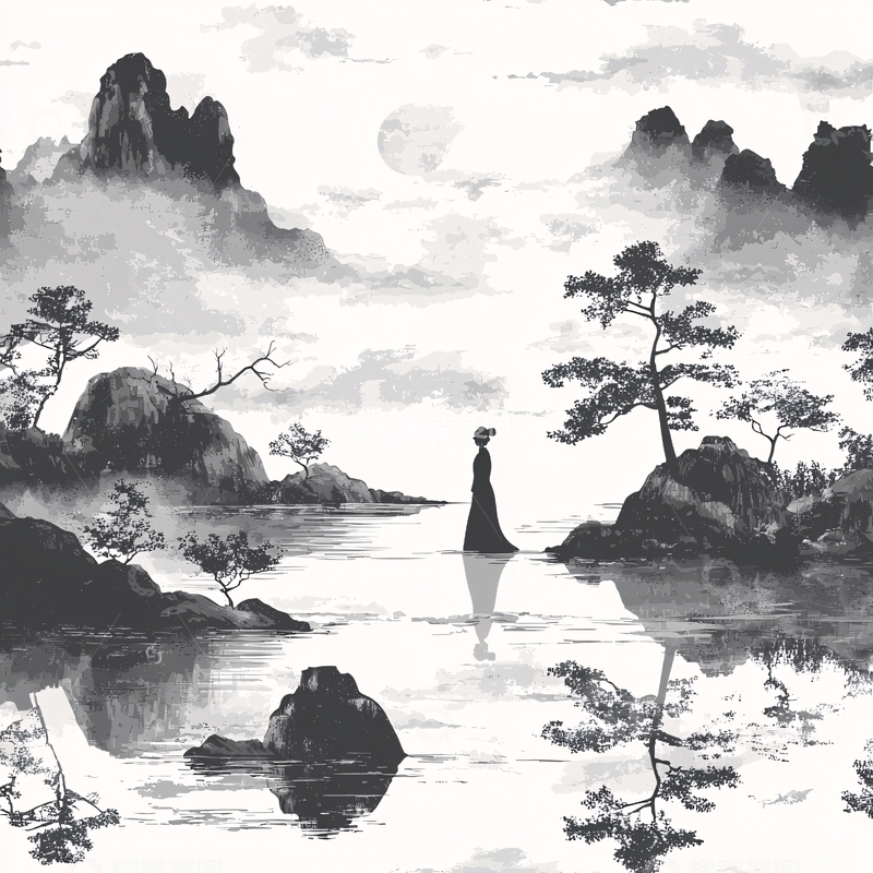 高清大图下载【趣麦麦图】水墨风女子背影山水画