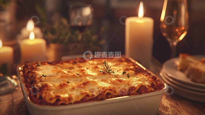 高清大图下载【趣麦麦图】烛光晚餐意式千层面