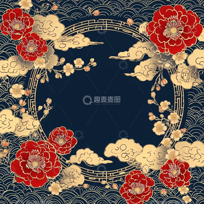 高清大图下载【趣麦麦图】深蓝色底红色花朵圆形边框