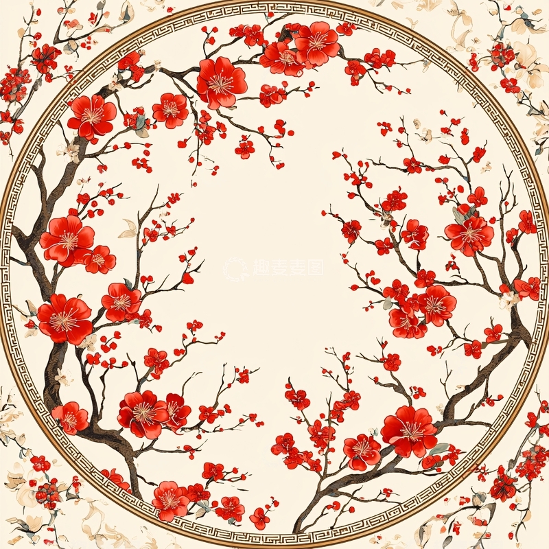 高清大图下载【趣麦麦图】红色梅花圆形边框图案