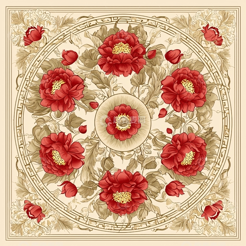 高清大图下载【趣麦麦图】红色牡丹花的圆形图案