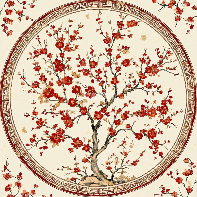高清大图下载【趣麦麦图】红色花朵的梅花树圆形图案