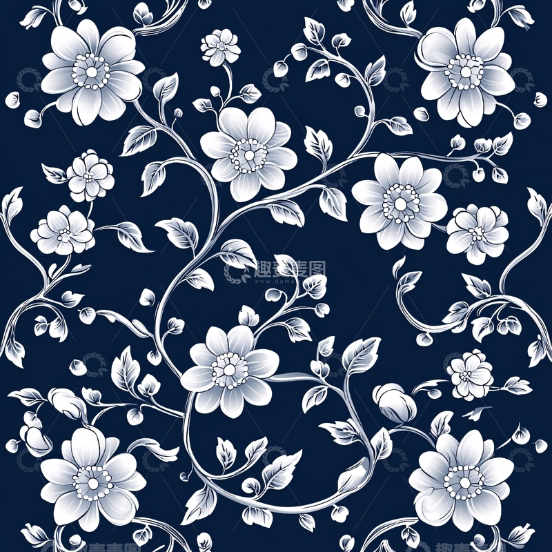 高清大图下载【趣麦麦图】深蓝色底白色花纹图案