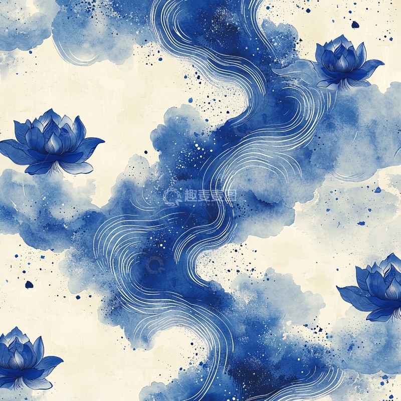 高清大图下载【趣麦麦图】青花瓷风格的荷花水墨画