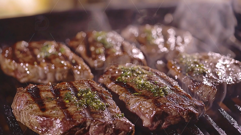 高清大图下载【趣麦麦图】烤架上滋滋作响的牛排