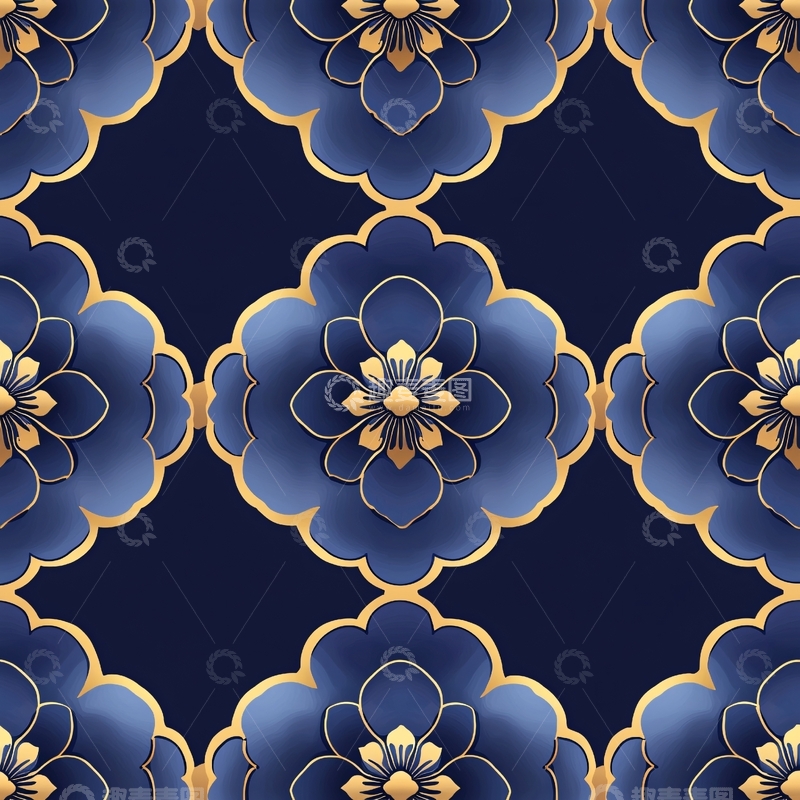 高清大图下载【趣麦麦图】蓝色金色花卉重复图案