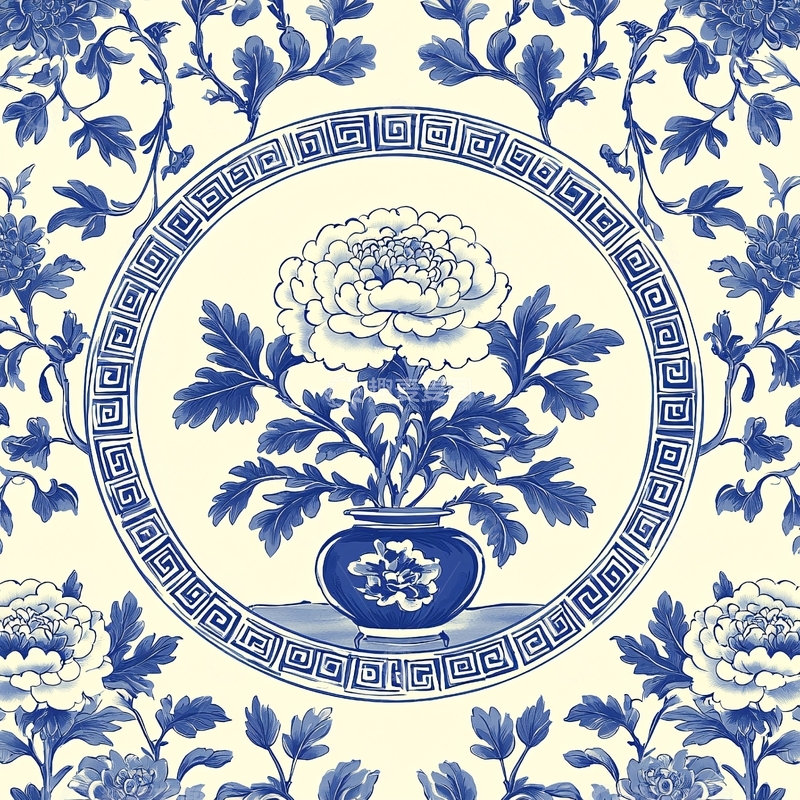 高清大图下载【趣麦麦图】青花瓷风格的牡丹花纹样