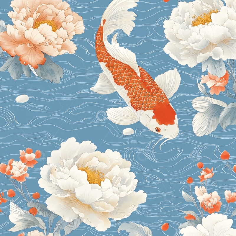 高清大图下载【趣麦麦图】锦鲤牡丹图