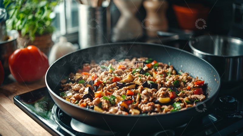 高清大图下载【趣麦麦图】香喷喷的肉末蔬菜炒锅
