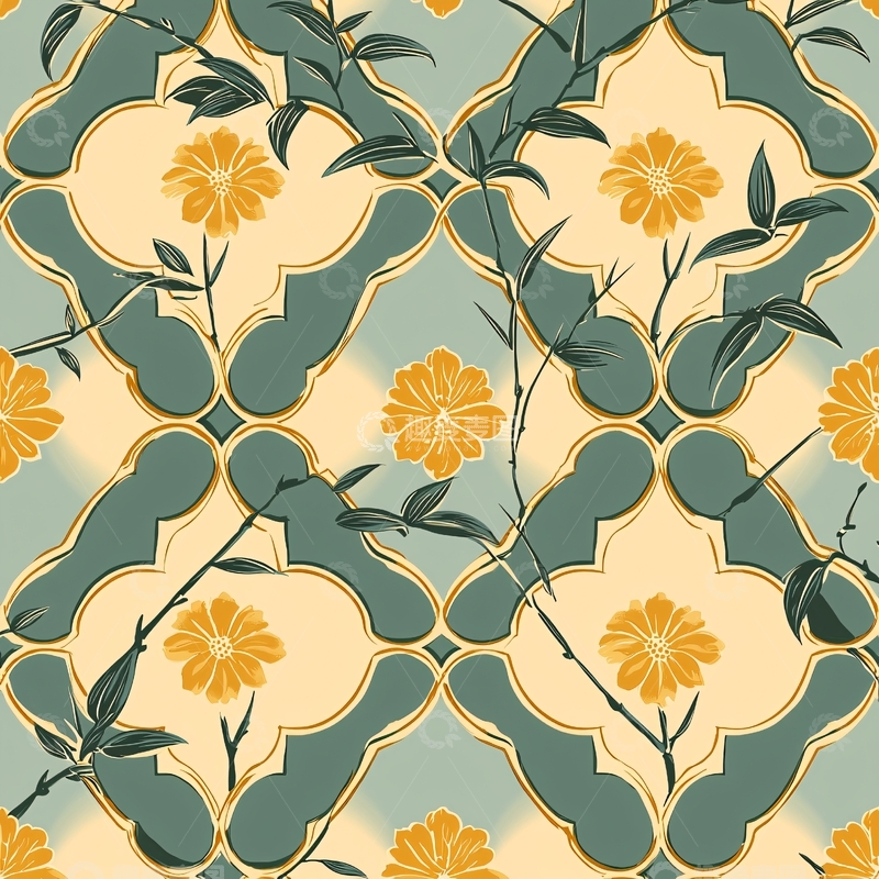 高清大图下载【趣麦麦图】花卉竹叶瓷砖图案背景