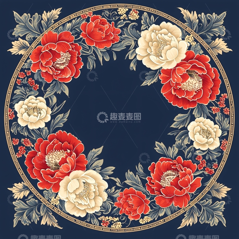 高清大图下载【趣麦麦图】红色白色牡丹花环绕深蓝色底