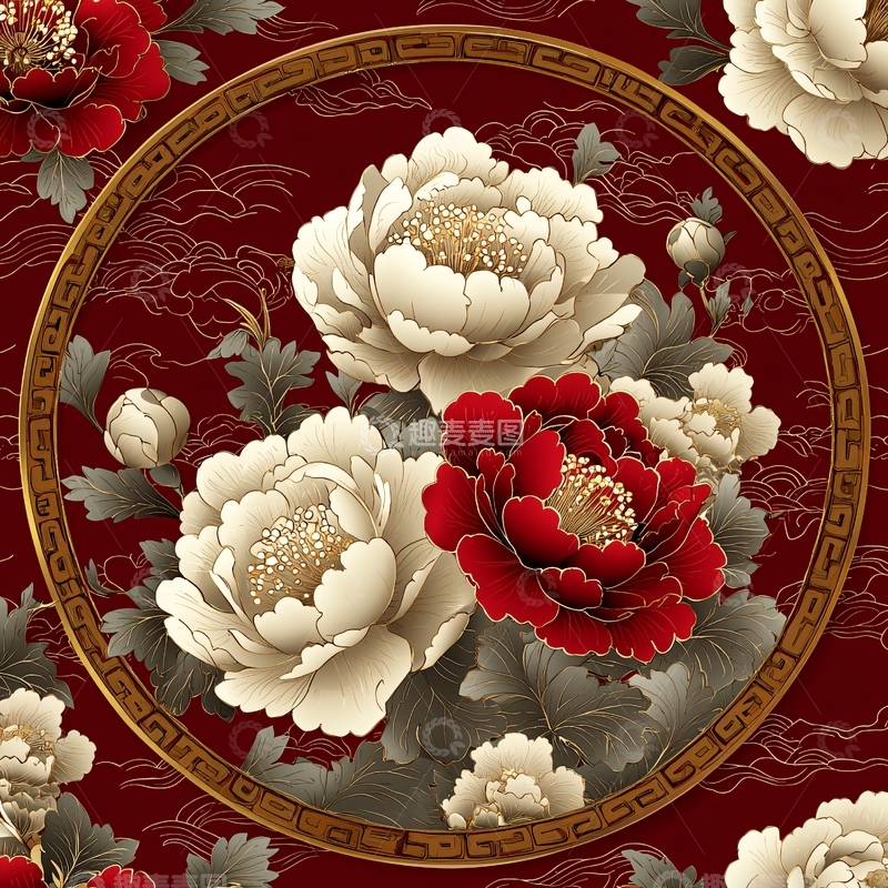 高清大图下载【趣麦麦图】红色背景下的牡丹花纹