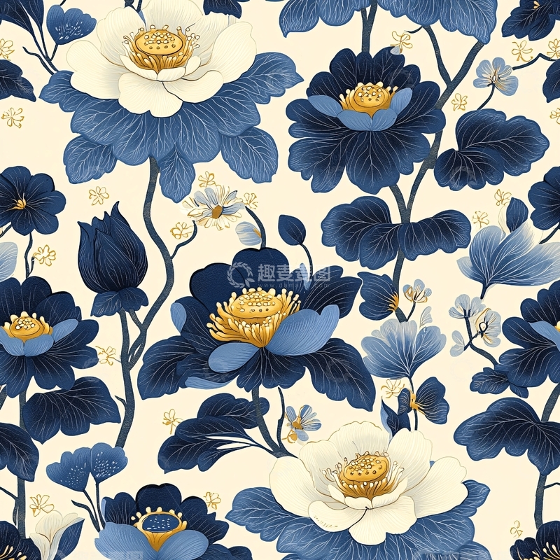 高清大图下载【趣麦麦图】青花瓷风格花卉图案