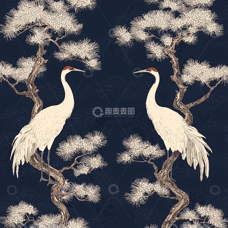 高清大图下载【趣麦麦图】仙鹤松树古风图案