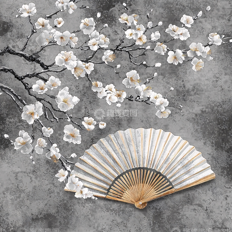 高清大图下载【趣麦麦图】水墨风白色花朵扇子