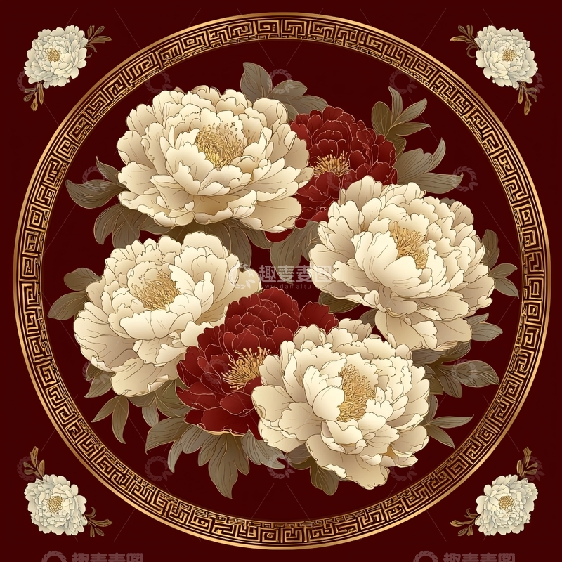 高清大图下载【趣麦麦图】圆形牡丹花图案