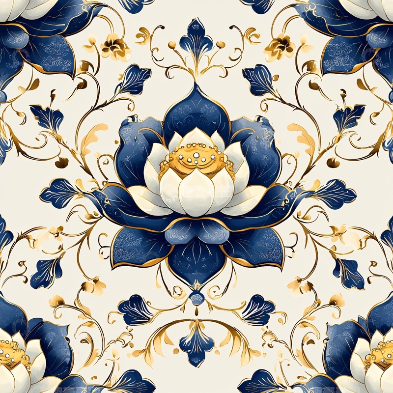 高清大图下载【趣麦麦图】蓝色花卉瓷器风格图案