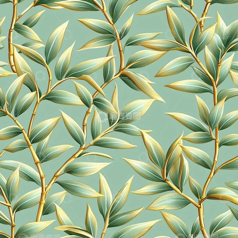 高清大图下载【趣麦麦图】浅绿色背景下的竹叶图案