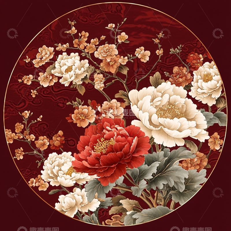 高清大图下载【趣麦麦图】圆形背景上的牡丹花绘画