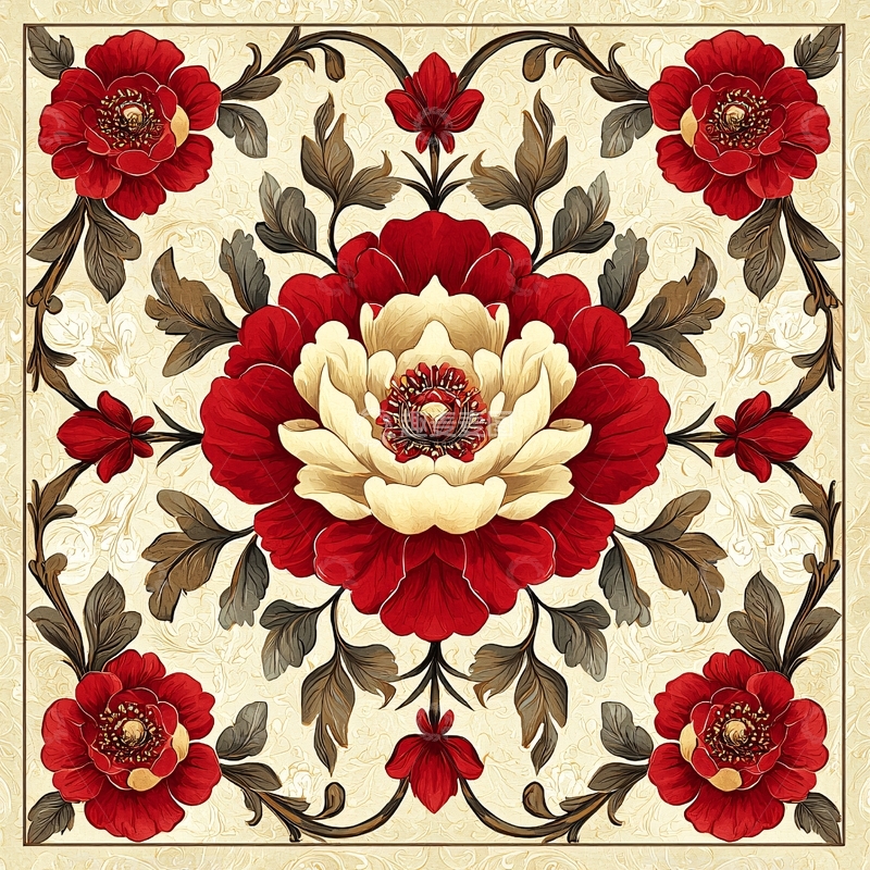 高清大图下载【趣麦麦图】红色牡丹花对称图案
