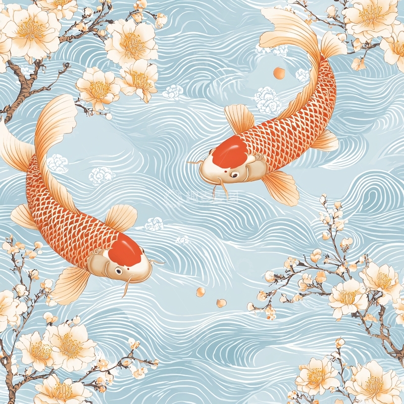 高清大图下载【趣麦麦图】锦鲤与花朵水波纹的和谐画面